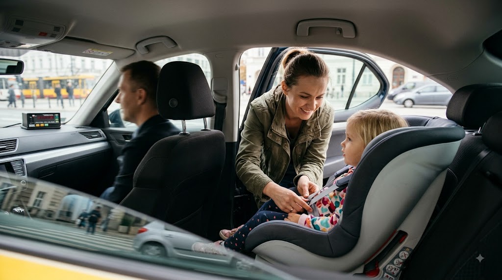 Jak przewozić dziecko w taksówce? Mama zapina fotelik swojego dziecka na tylnym siedzeniu taksówki